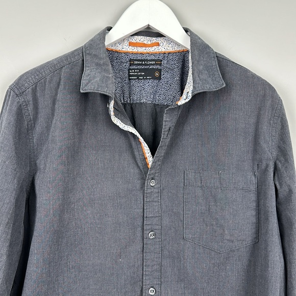 Denim & Flower Button Down Rolled Slim Fit Sleeve Shirt Top Premium Cotton XL - Picture 2 of 10